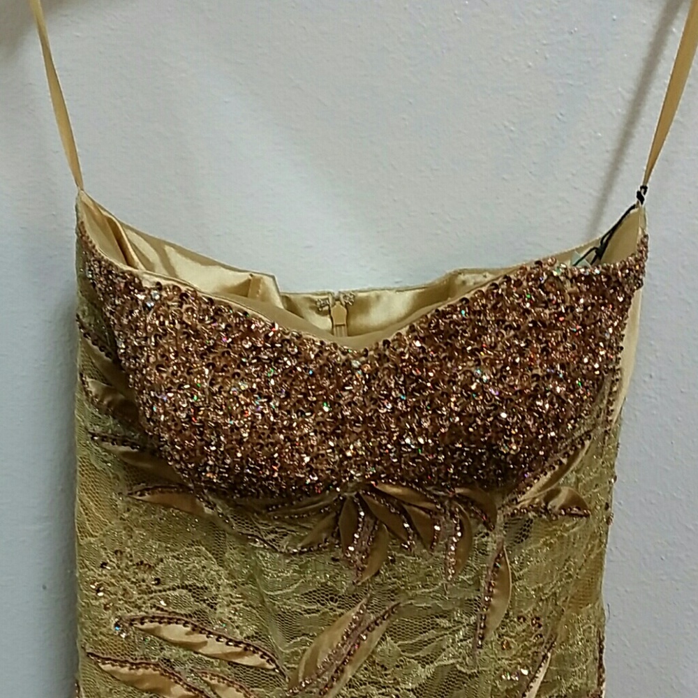 COPY - Gold Strapless special occasion dress.